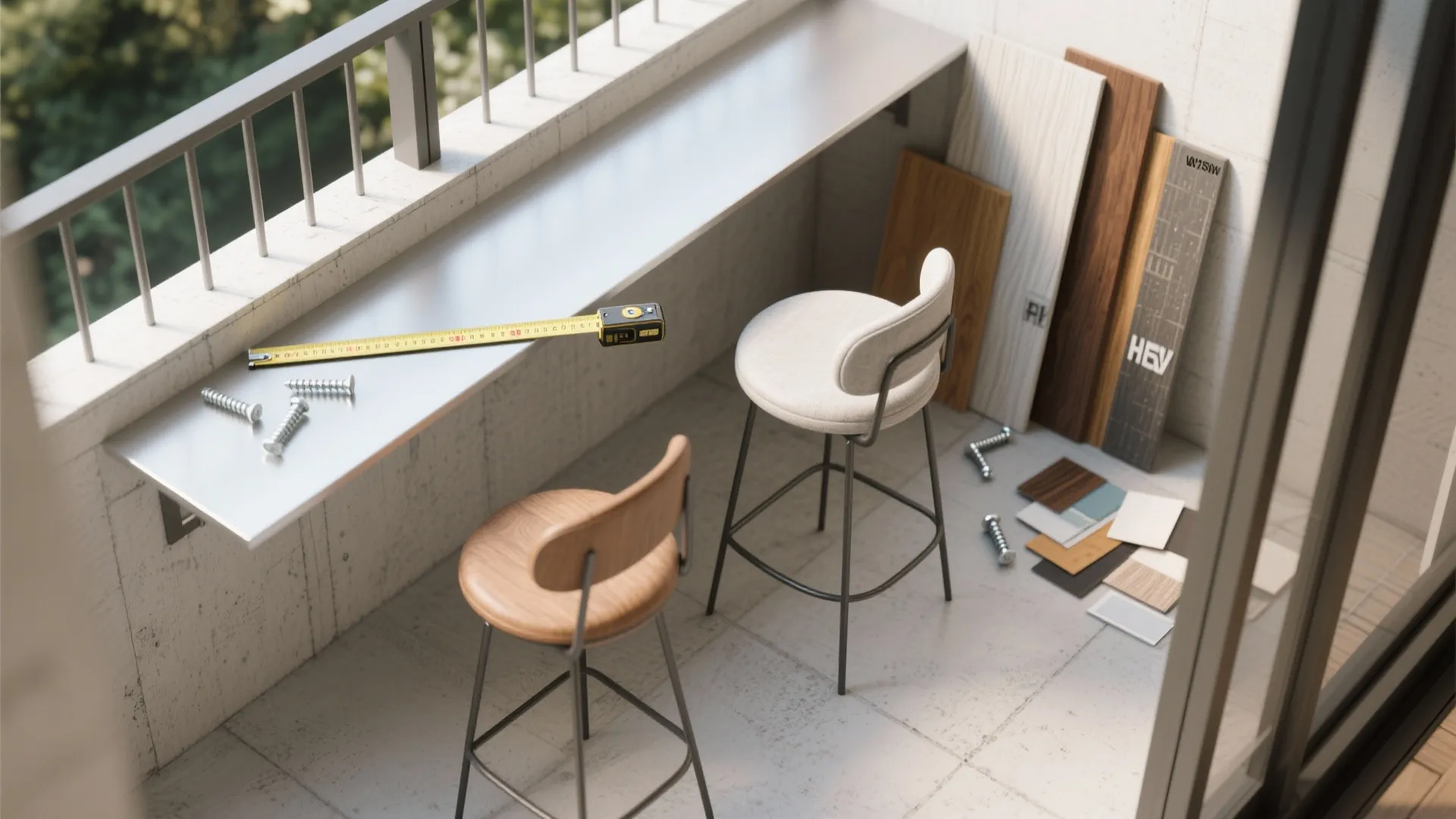 High angle view of balcony renovation with measuring tape stools wood panels and color samples