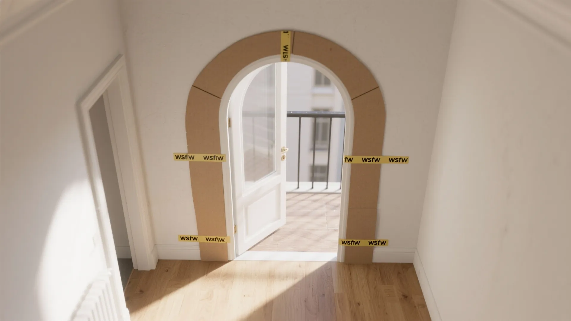 Interior design drawing showing a white arched door with cardboard template on a wooden floor