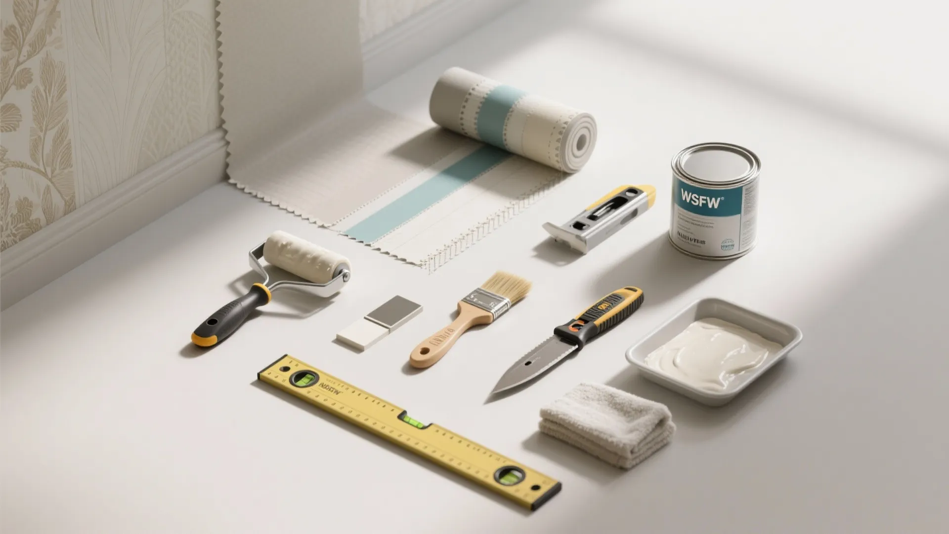 Various home renovation tools including paint roller brush level knife paint bucket and wallpaper roll layout