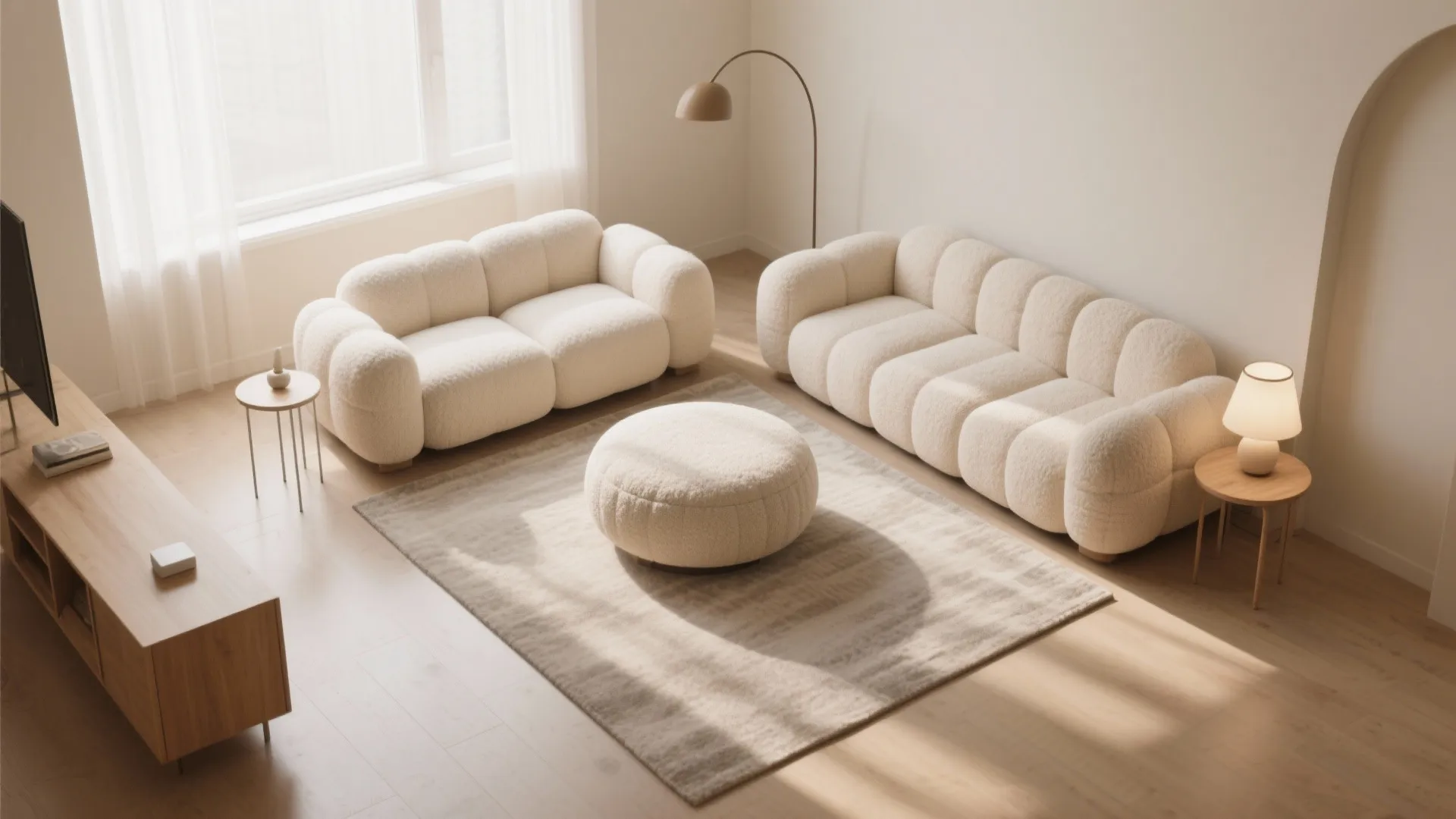 Top down view of minimalist living room with two white textured sofas and round footrest