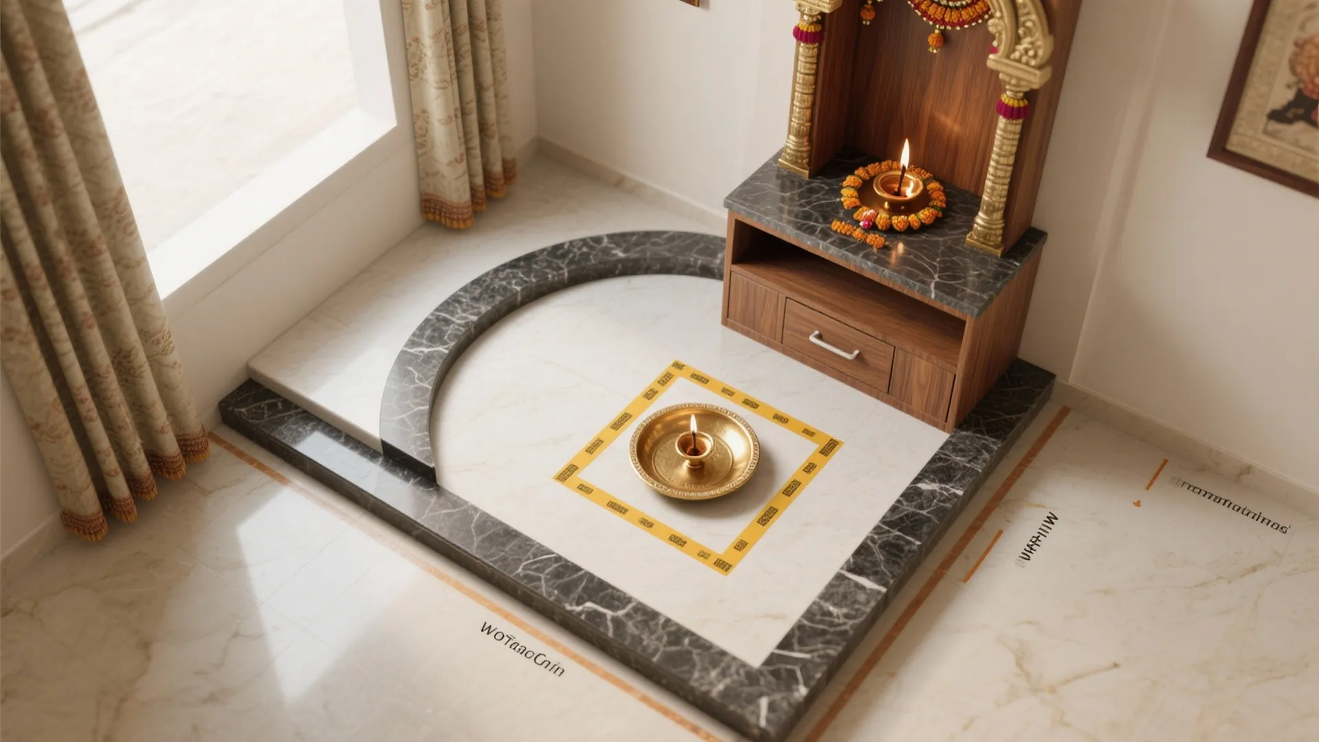 Wooden cabinet with oil lamps on marble floor next to curtains in a bright room