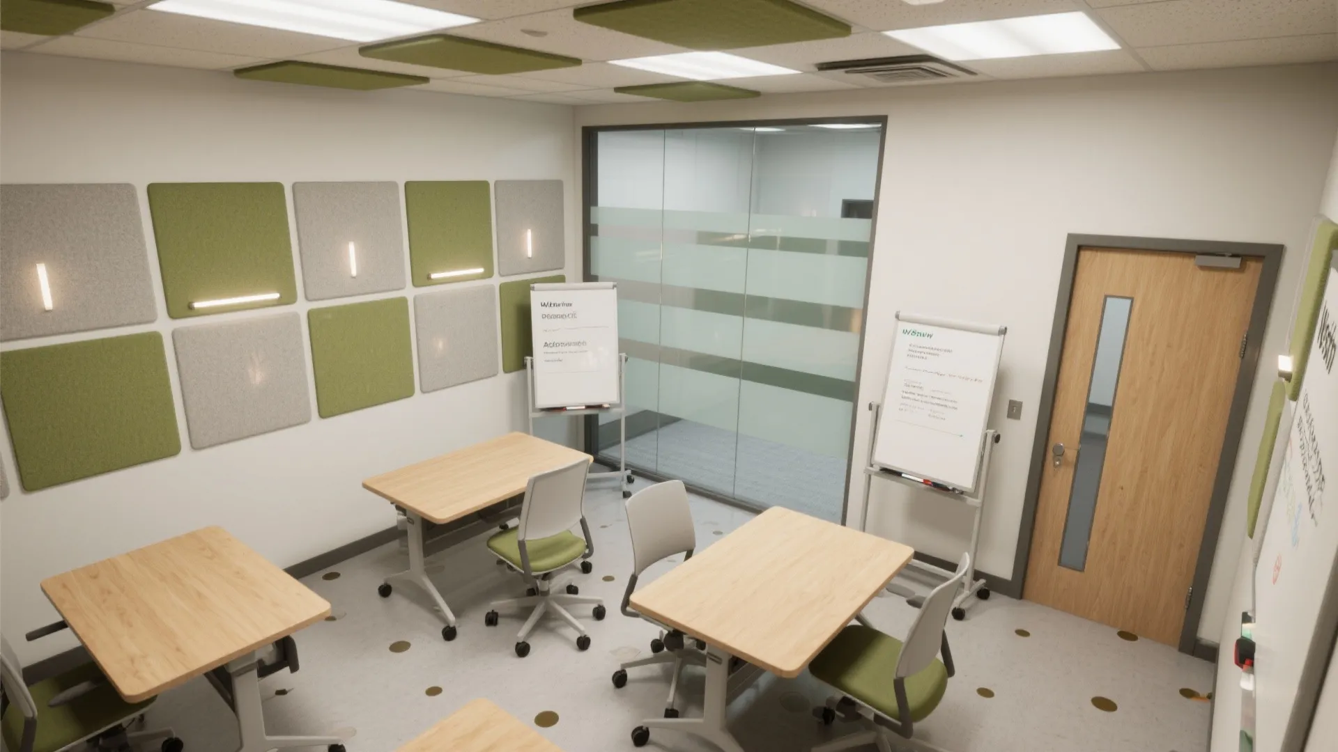 Top-down plan of a compact study room showing agile furniture, glazing with privacy bands, acoustics, and lighting zones.