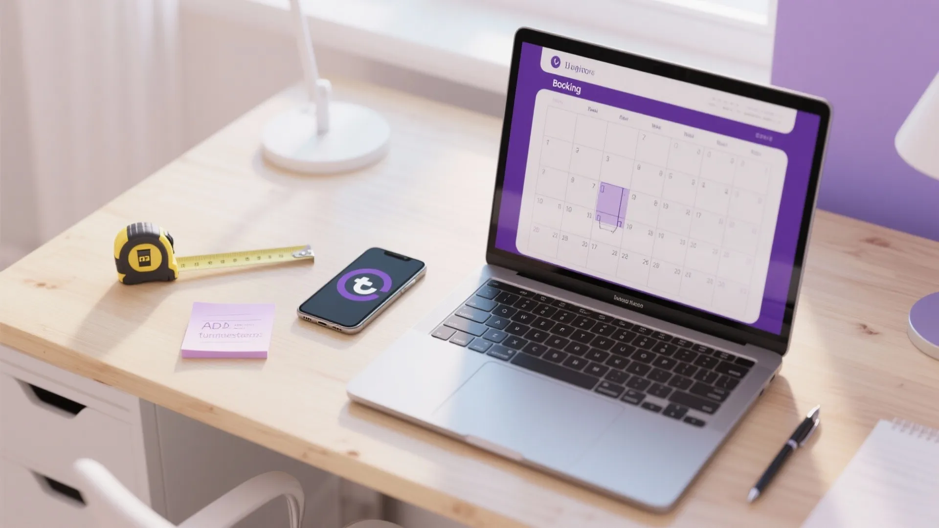 Top-down desk scene with laptop, calendar, measuring tape, and ADA icons illustrating booking and design steps