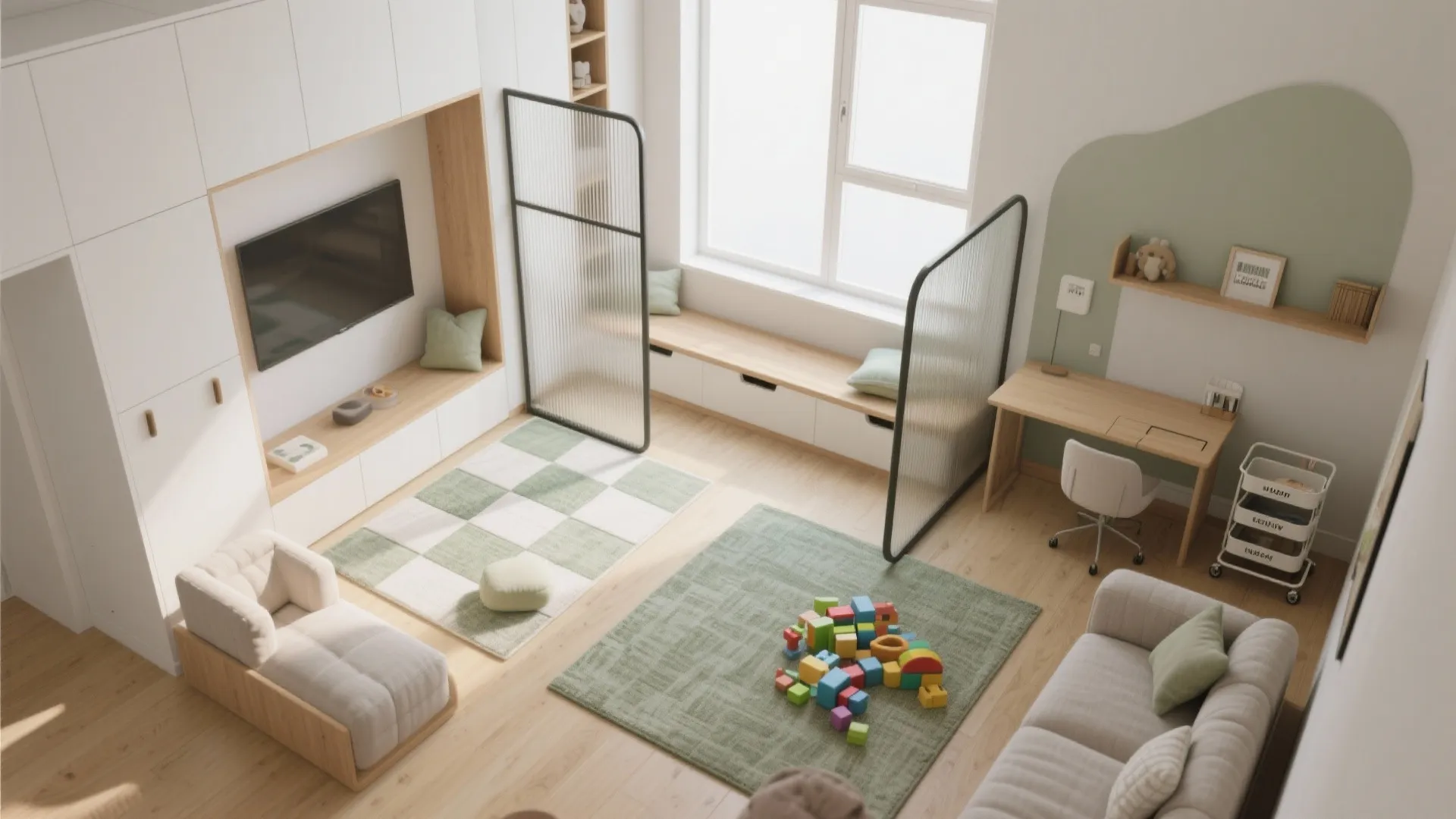 Modern playroom with white cabinets, desk, window seat, green rugs, toys, and glass room dividers