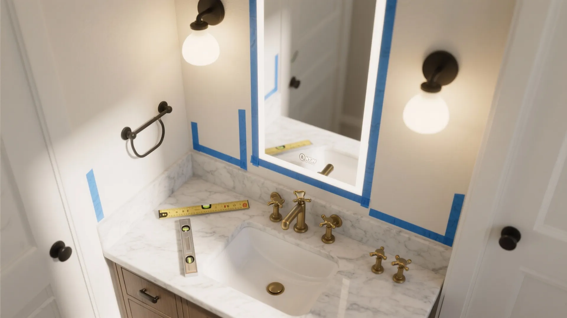 Top down view of bathroom sink area with blue tape, measuring tool, and wall light