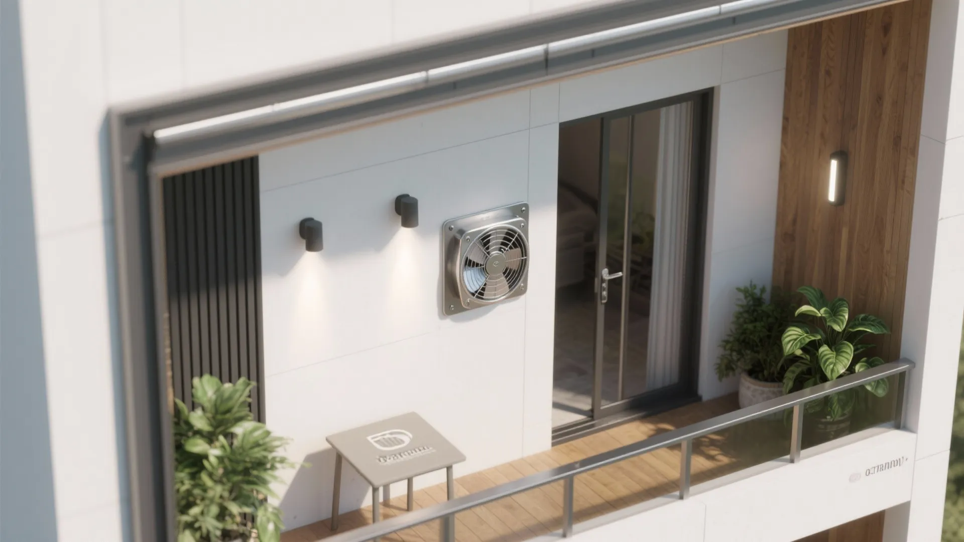 Top view of a white apartment balcony with a fan wall lights plants and small table