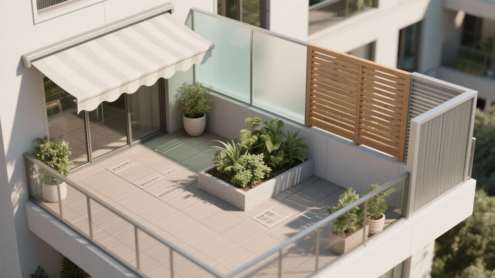 Modern apartment balcony with striped curtain roof wooden wall panel green plants and glass railings outside