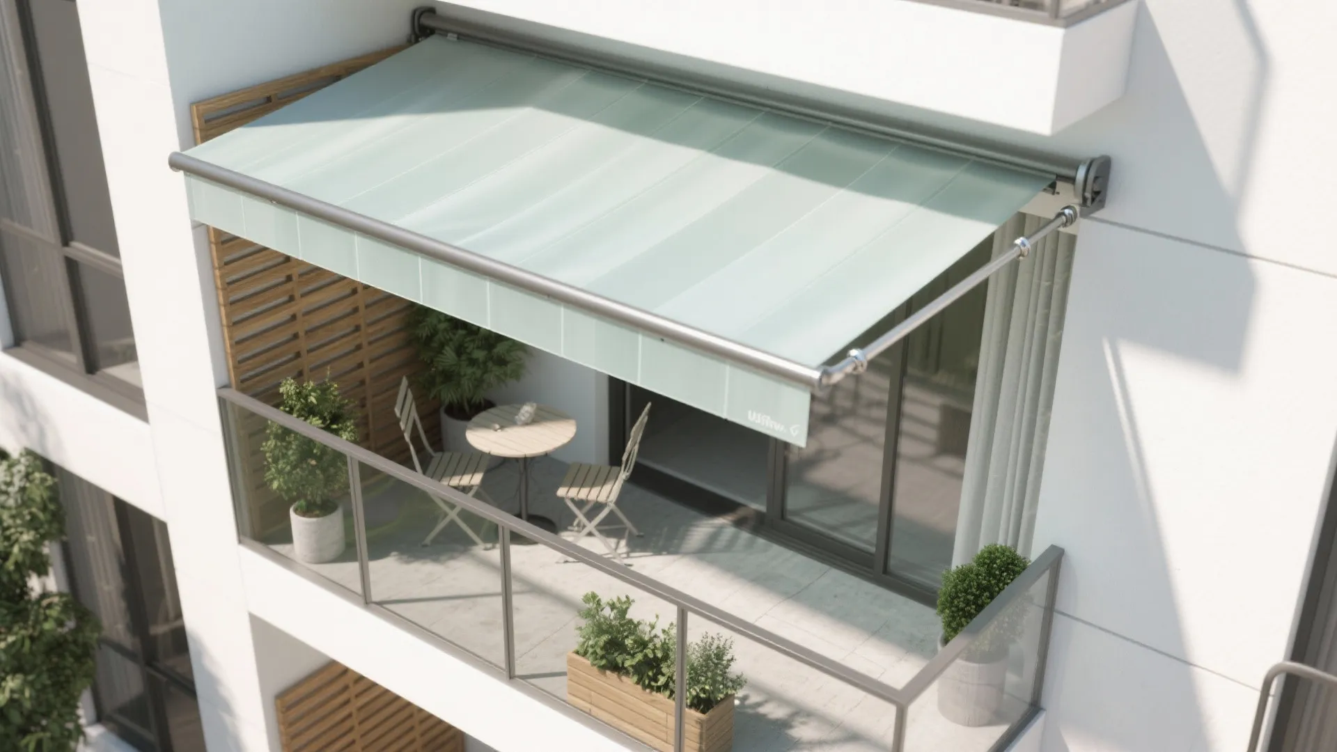 Retractable light green awning covers modern balcony with small table chairs and green potted plants