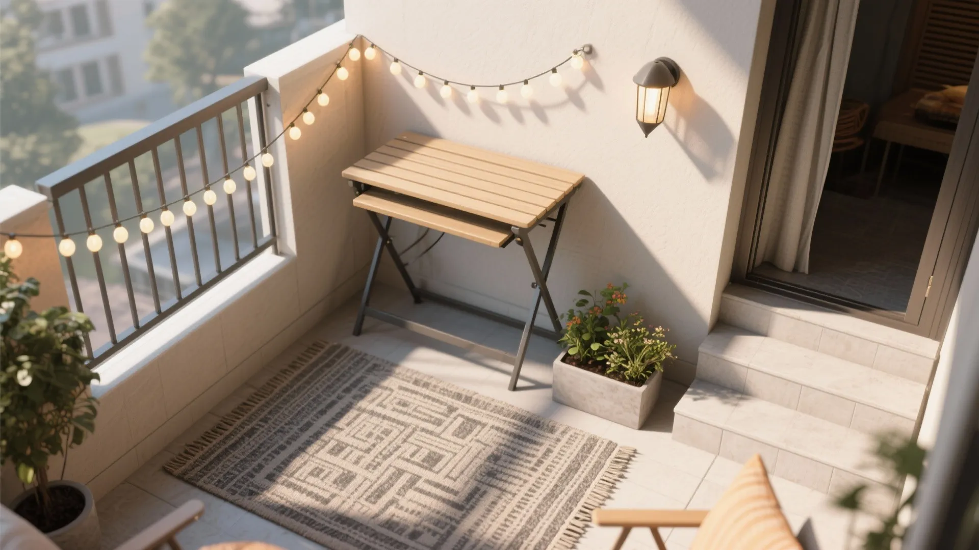 Small balcony with a wooden folding table patterned rug string lights wall light and plants