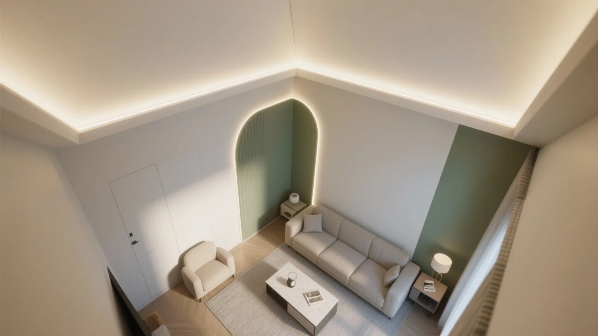 Top down room layout view showing white sofa armchair marble table and green wall panels