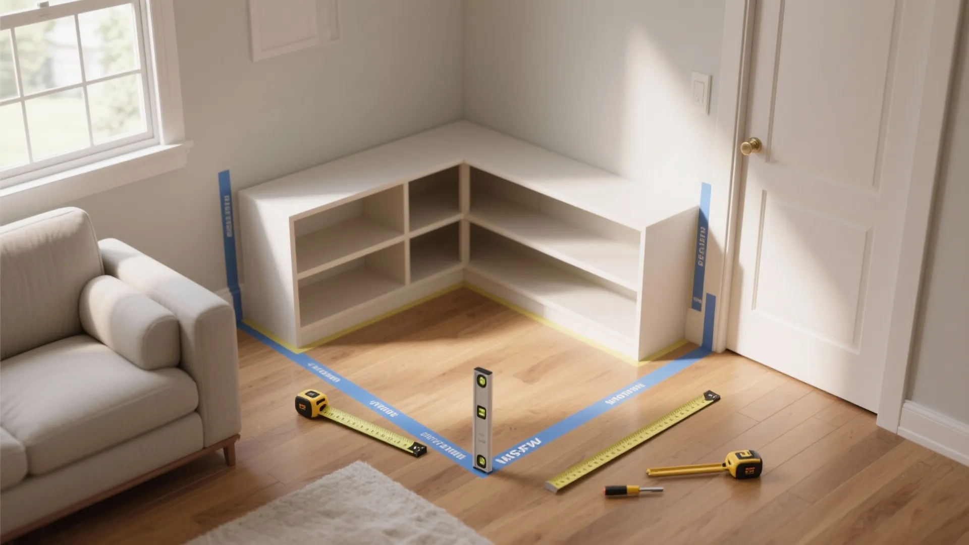 Measuring room corner for white shelf unit with tape measure level and blue marking tape