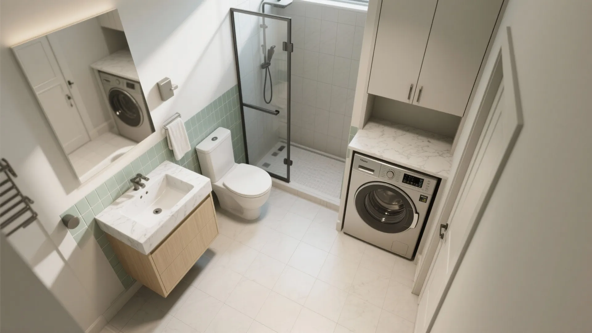 Top view of a small bathroom layout with wooden cabinet, white toilet, and washing machine