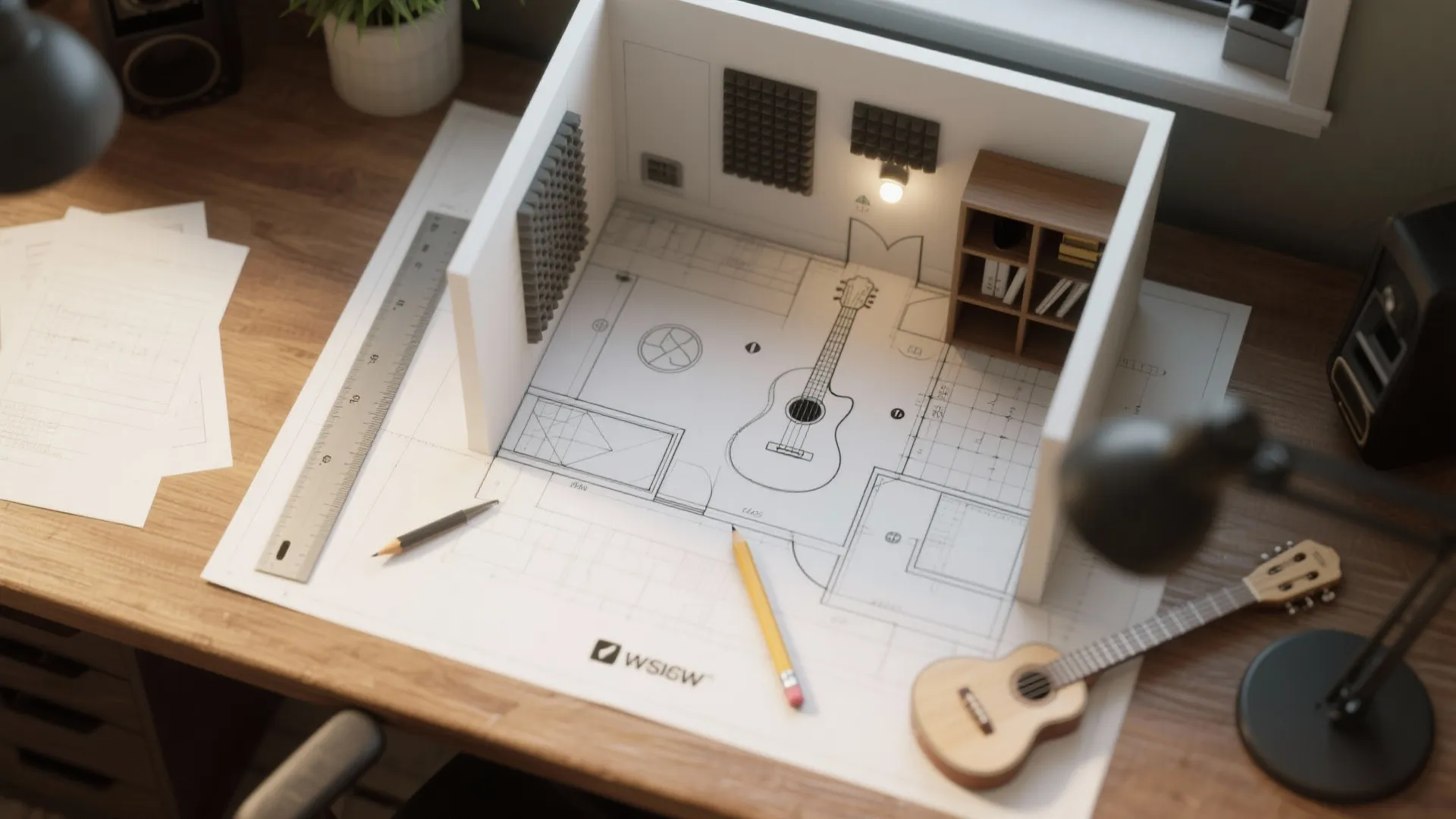 Wooden desk with room layout drawing pencils ruler and small 3D white room model display
