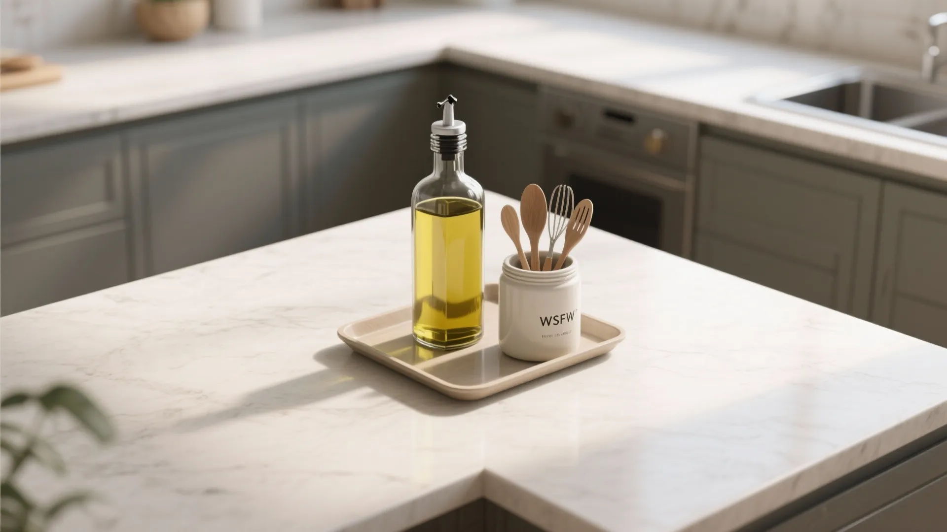 Modern kitchen marble countertop with oil bottle and wooden cooking tools on a small tray
