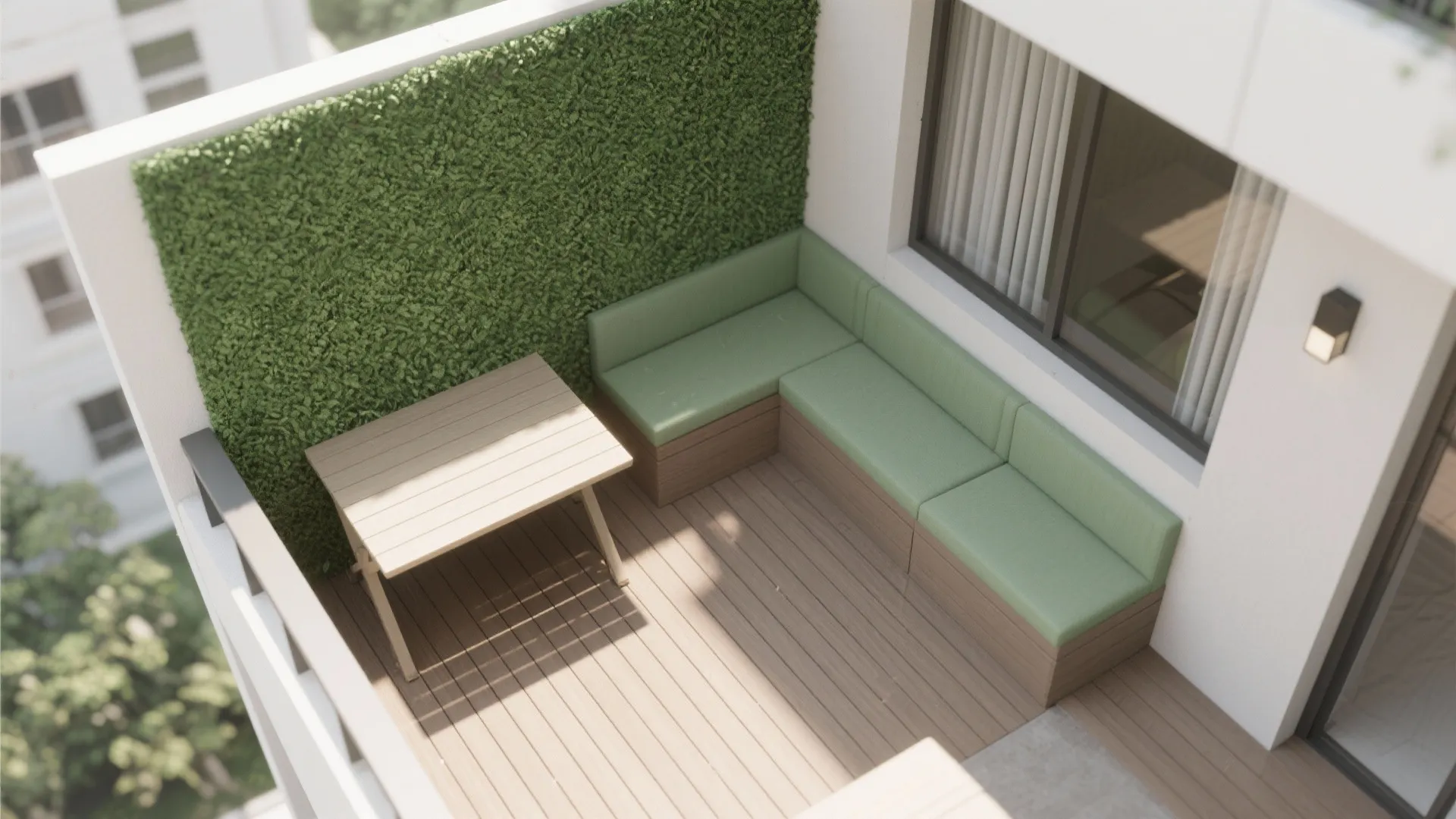 Top-down view of a small balcony with green hedge wall l-shaped sofa and wooden dining table