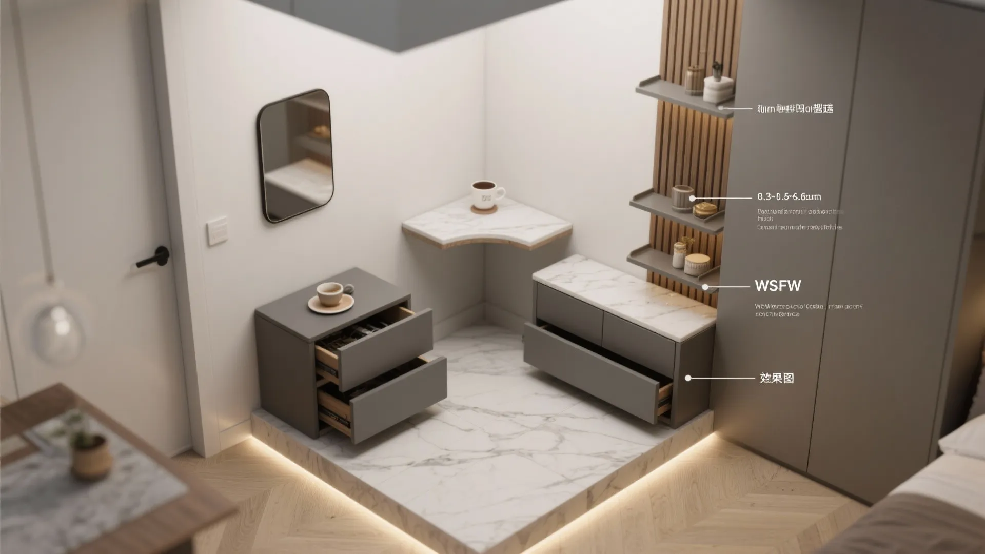 Interior design drawing of a room corner with grey cabinets, marble floor, and wall shelves