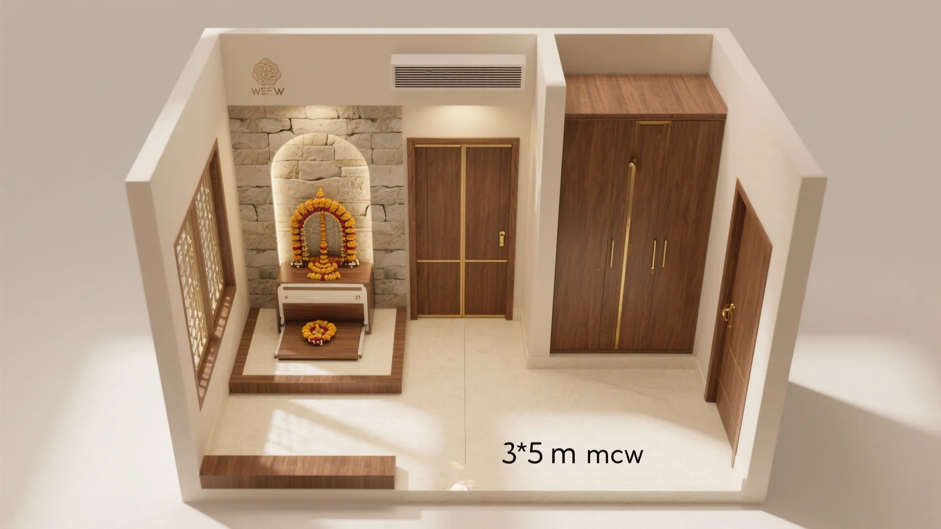 Top view interior design drawing of small prayer room with wooden cabinet and stone wall panel