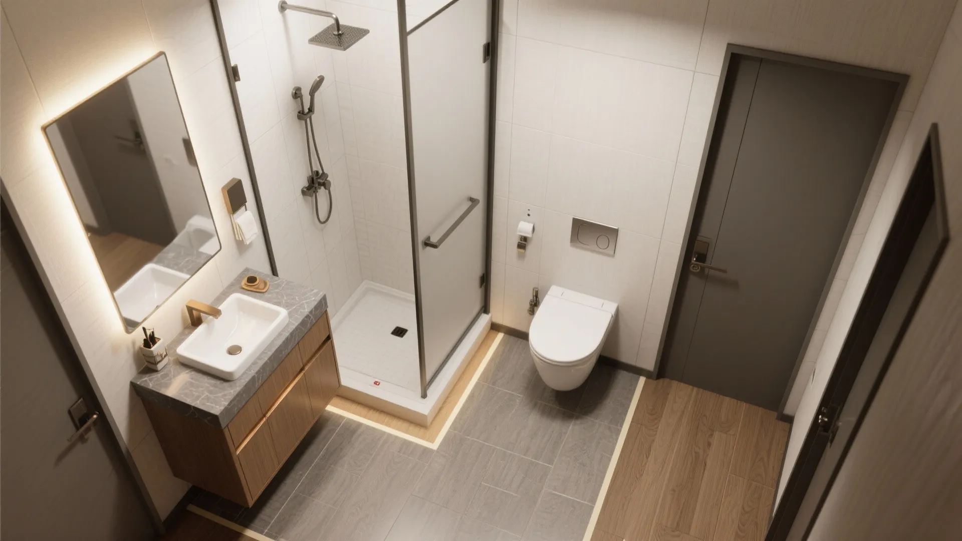 Top view interior design drawing of small bathroom featuring shower area toilet sink and wooden floor