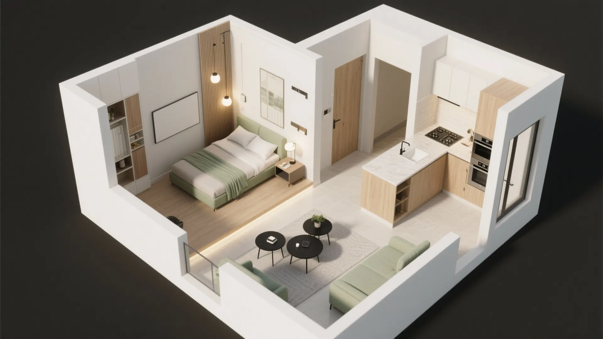 Top-down 1 BHK plan view showing flexible living, efficient kitchen layout options, bedroom storage, and clear circulation.