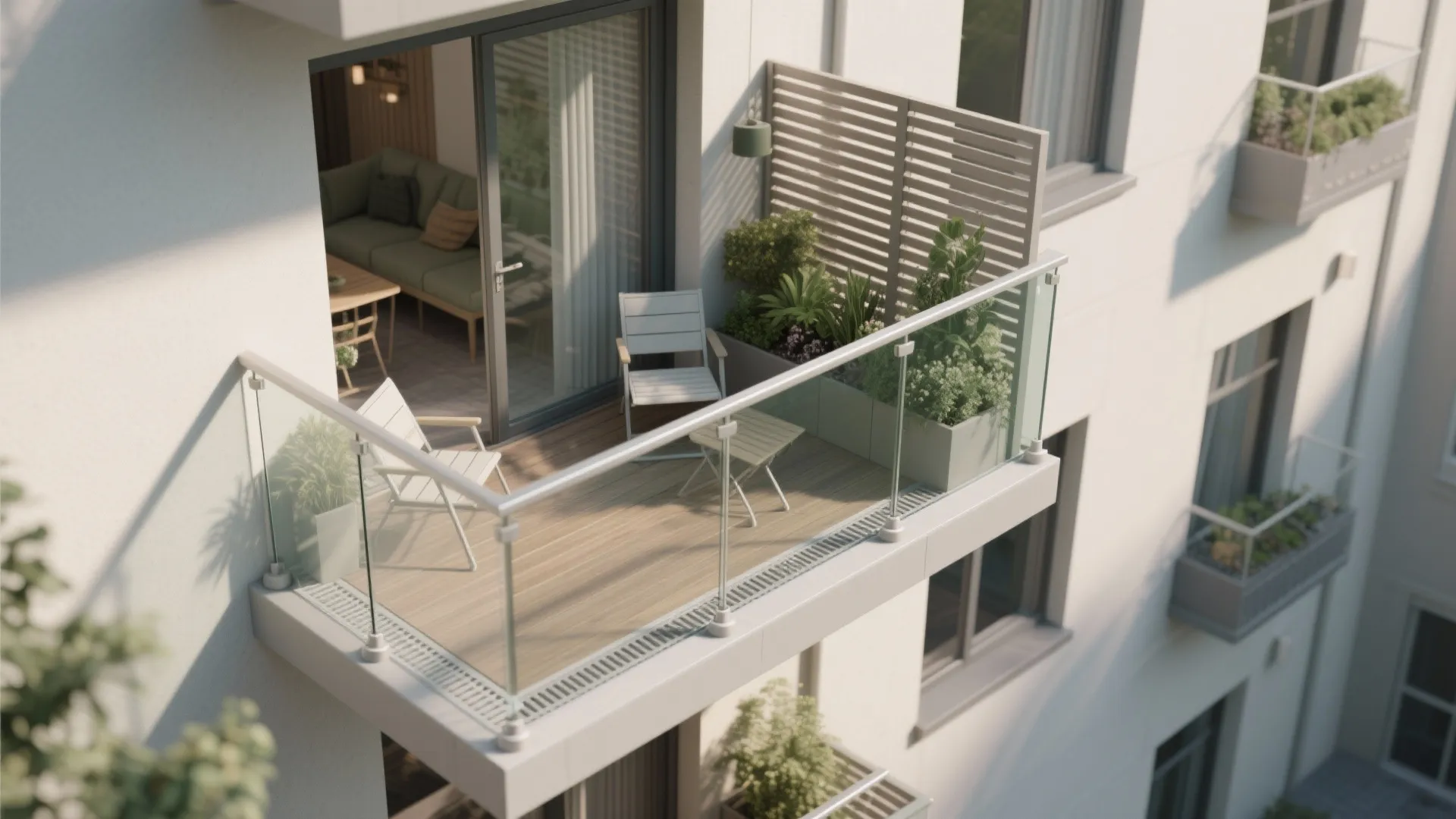 Modern apartment balcony with glass railings white outdoor chairs green plants and light wood floor