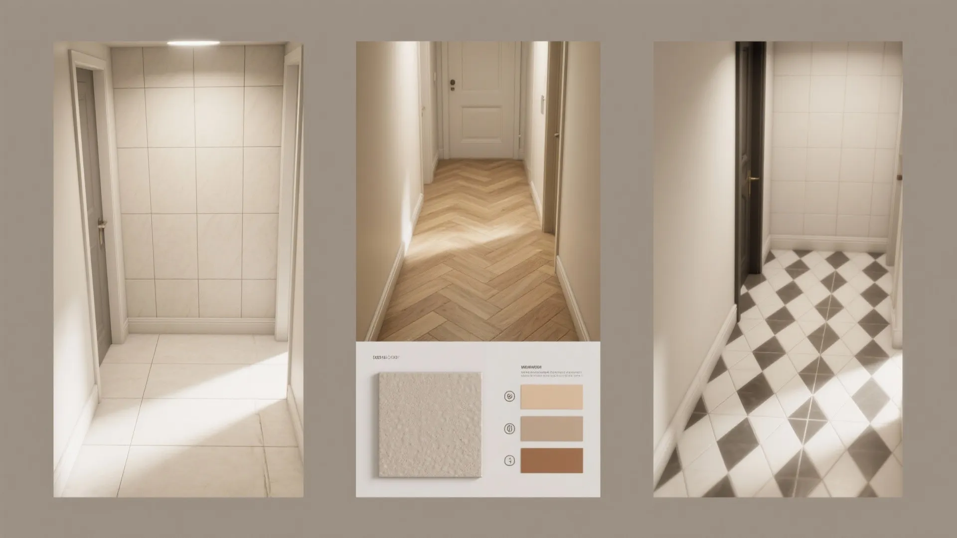 Interior design drawing showing three different floor tile patterns and a simple color palette choice board