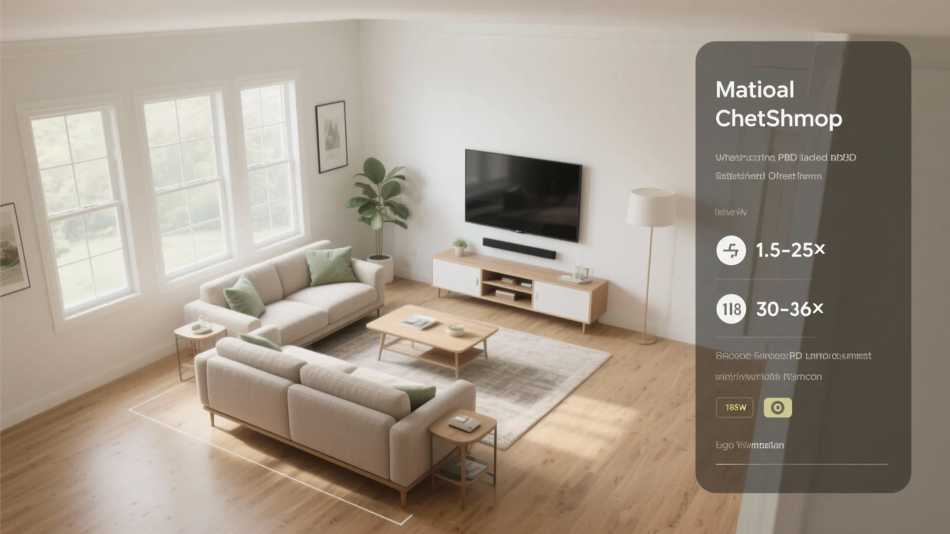 Modern living room layout showing beige sofas wooden floor television and a feature information overlay panel
