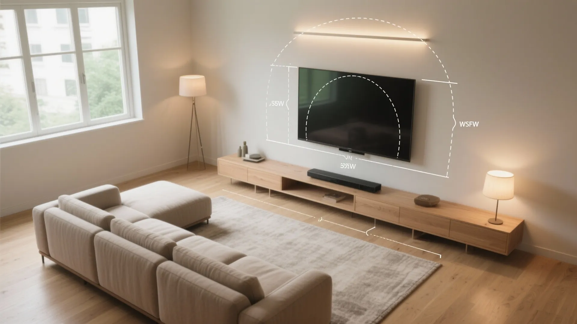 Interior design drawing showing television mounting height measurements and light range with white dotted lines