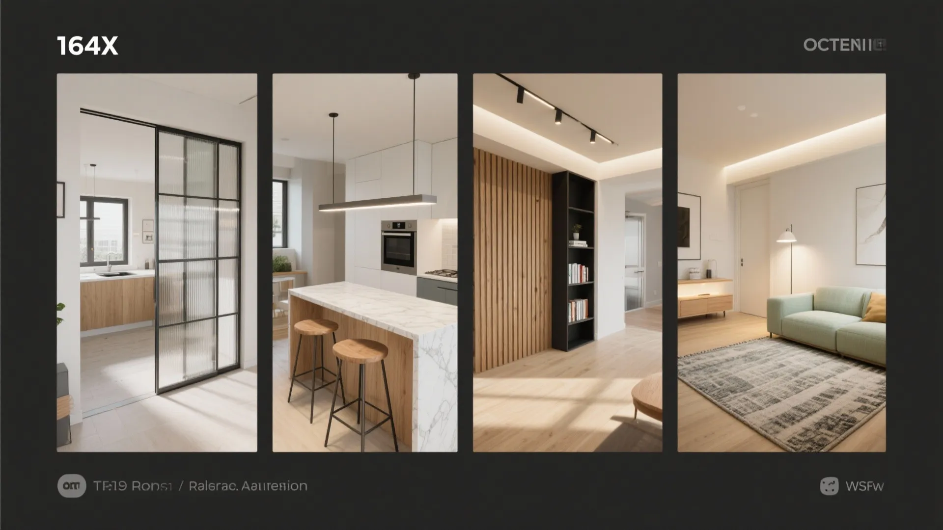 Top-down set shows a glass slider, a peninsula, a slatted shelf divider, and rug plus lighting zoning ideas.