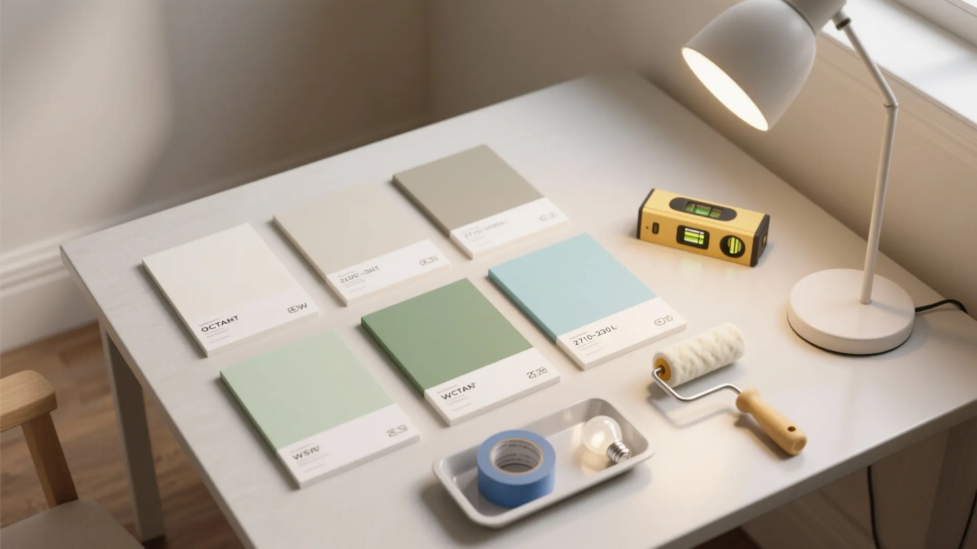 White desk with colorful paint swatches, a small paint roller, blue tape, and table lamp