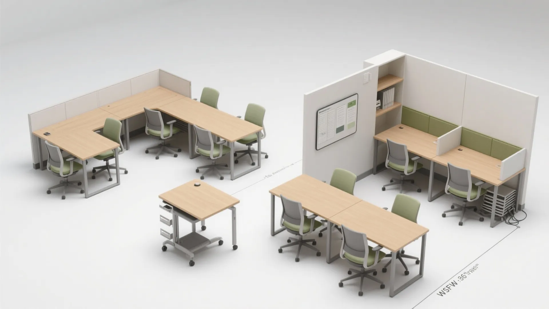 Interior design drawing showing a top down view of office desks chairs and room layout