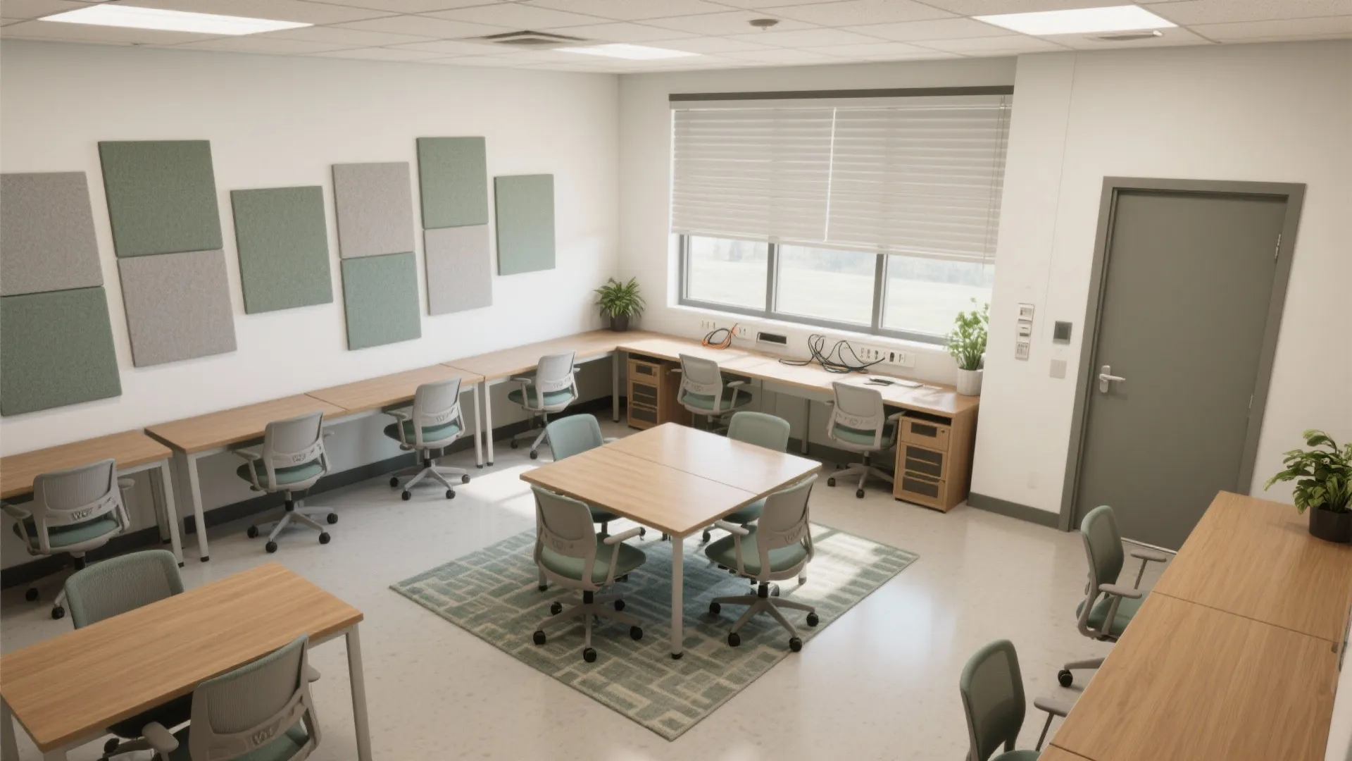 Modern office room layout with wooden desks green chairs wall panels and large windows view