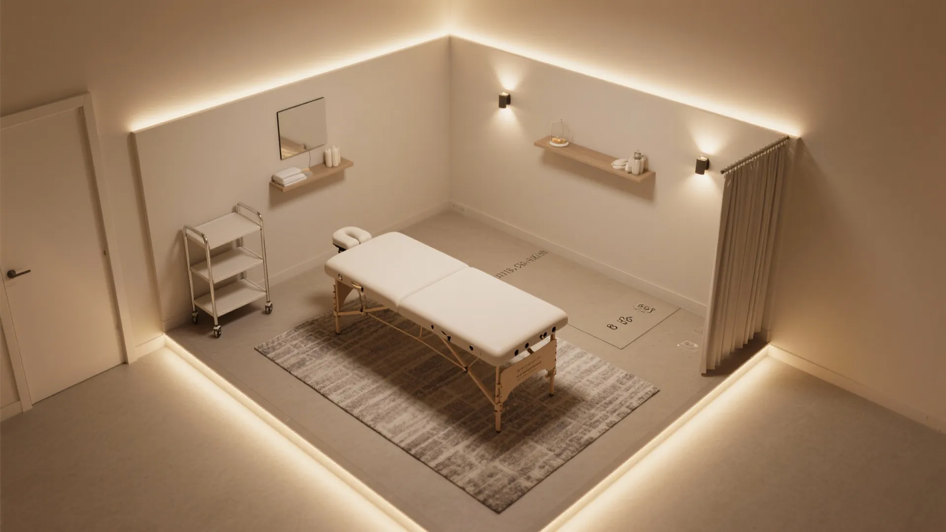 Minimalist spa room interior design showing white massage table on grey rug with warm wall lights