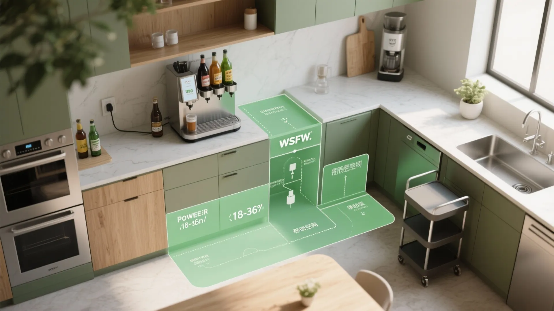Green kitchen interior design drawing showing room layout dimensions with coffee machine and marble countertop