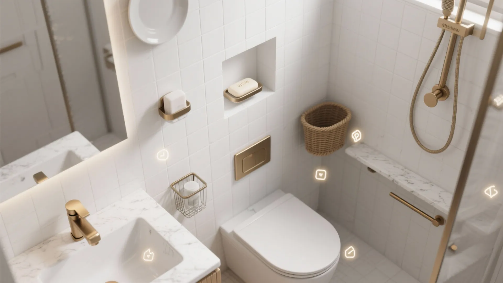 Top-down small bathroom layout showing ideal placements for soap holders without labels.