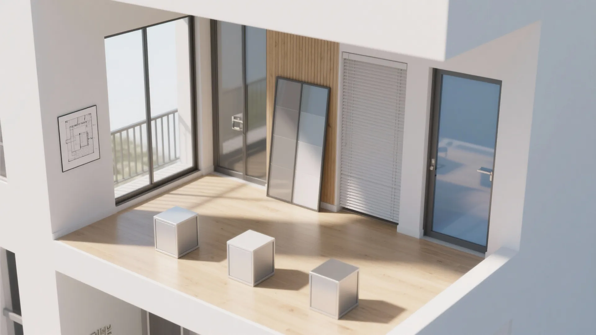 Interior design drawing showing a modern room layout with wooden floors and large glass windows