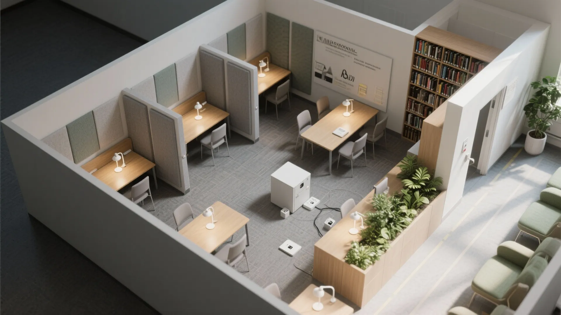 Interior design drawing showing office layout with wooden desks, white lamps, chairs, and green plants