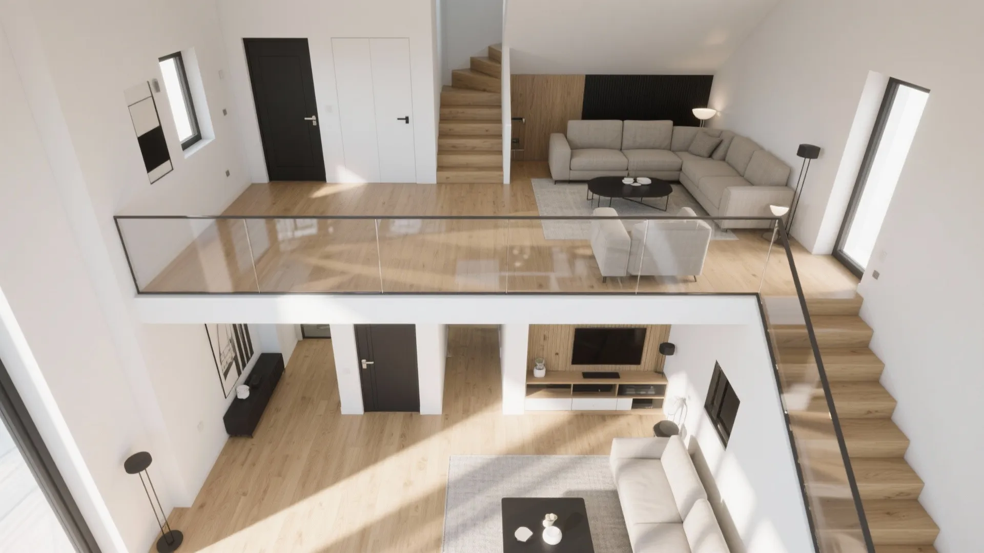 Top down interior design drawing showing modern living room layout with sofa and wooden floor