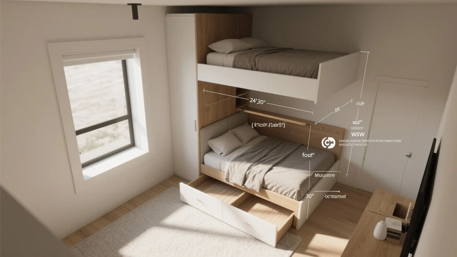 Top down view of a bunk bed design showing white storage drawers and room dimensions