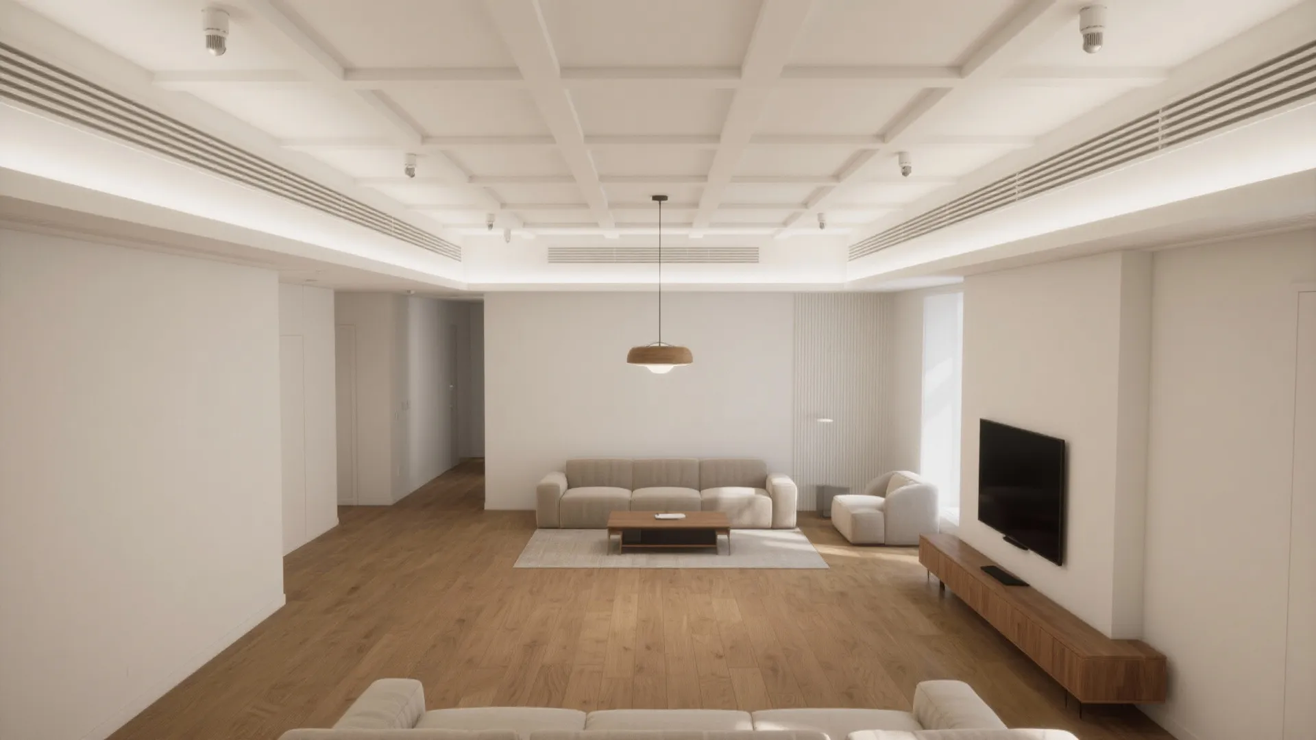Minimalist living room with white grid ceiling light wood floors cream sofa and wooden cabinet