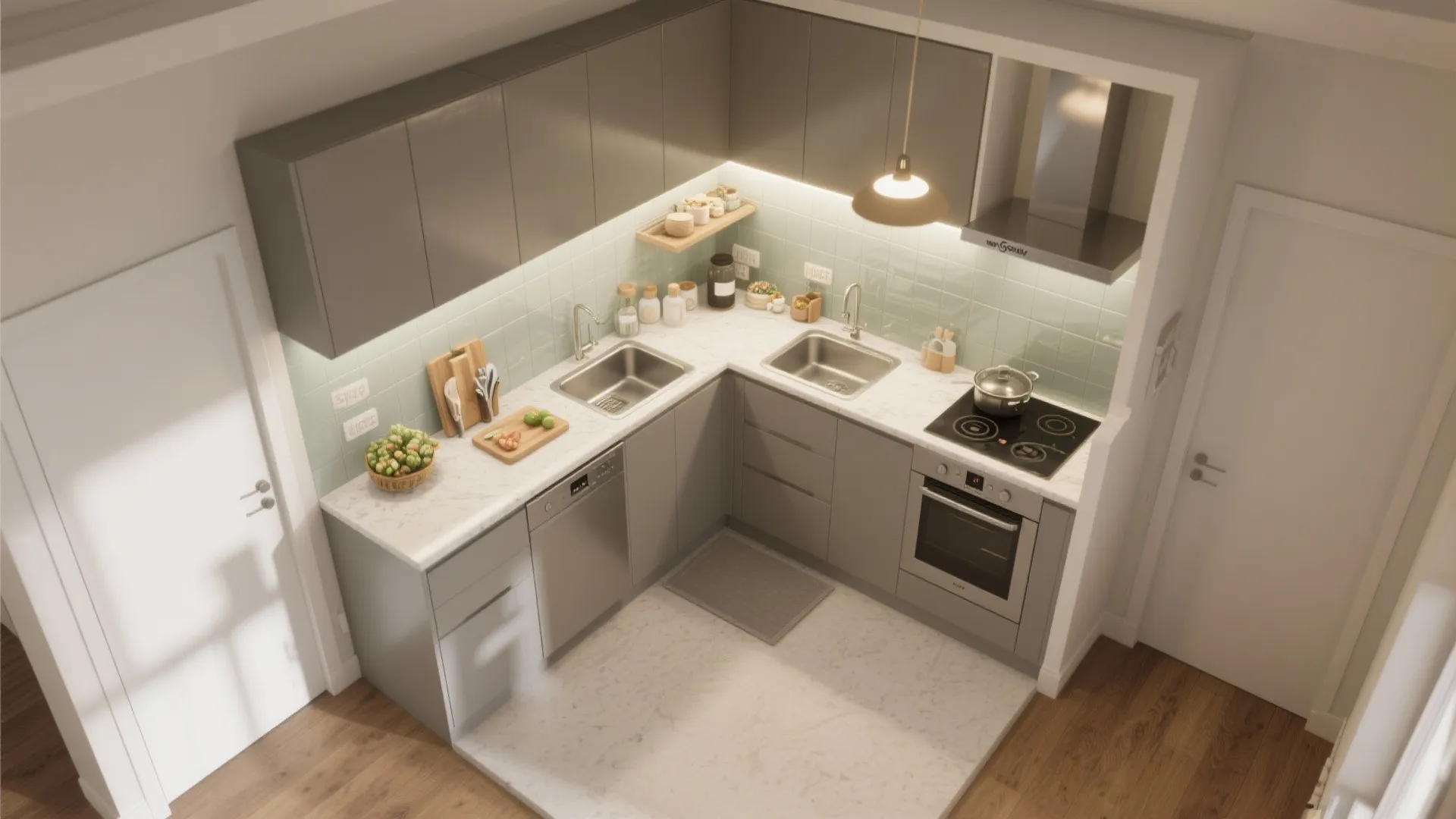 Top down view of small grey L shaped kitchen with marble floors stove sinks and oven