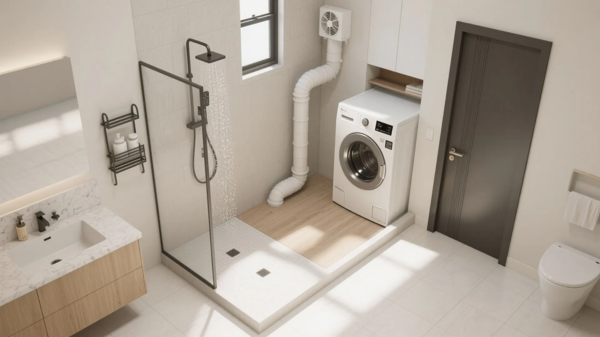 Top view of compact bathroom with walk in shower washing machine vanity and white tiled walls