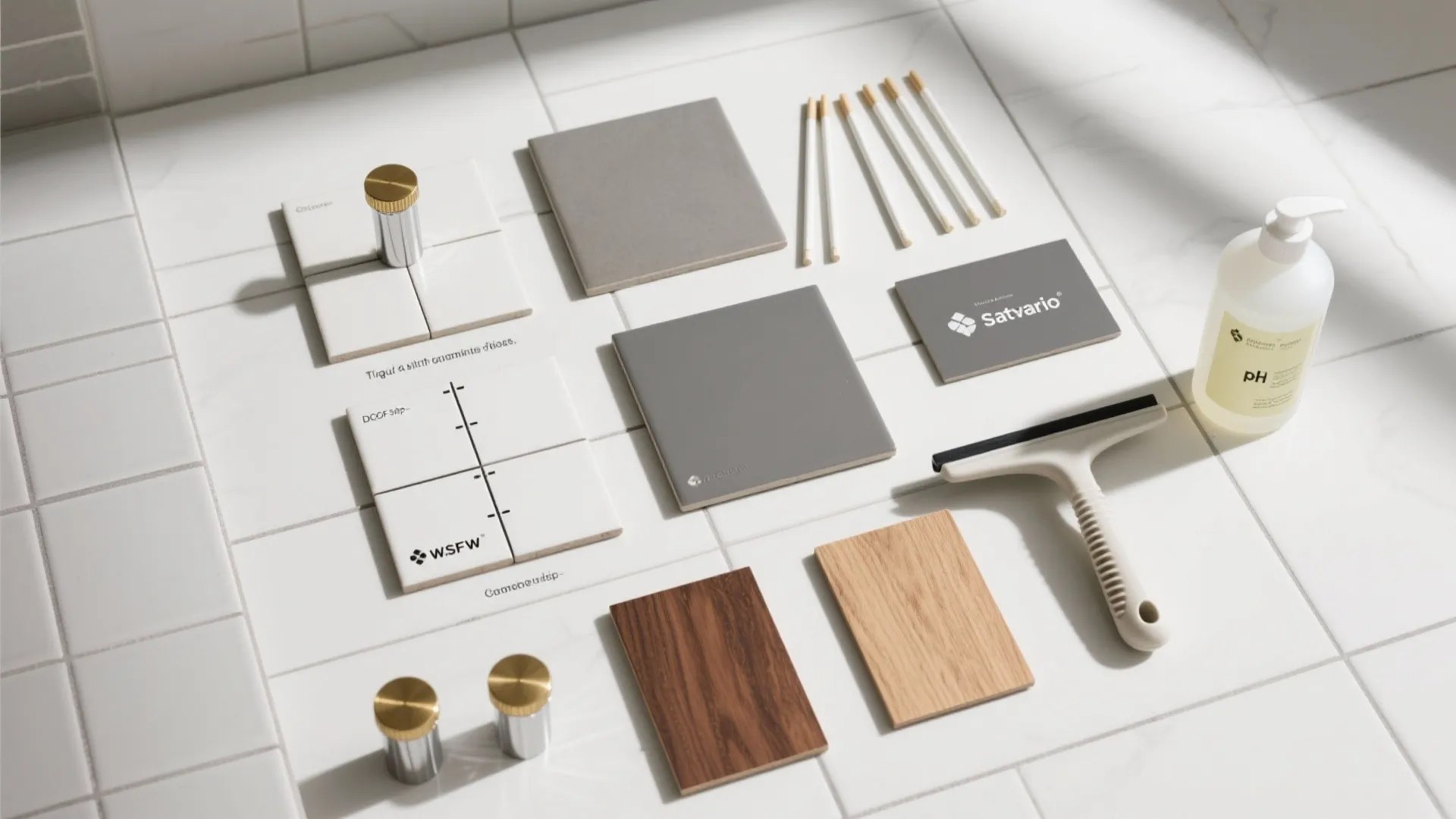 Collection of various bathroom tile samples with cleaning tools and soap bottle on white tiles