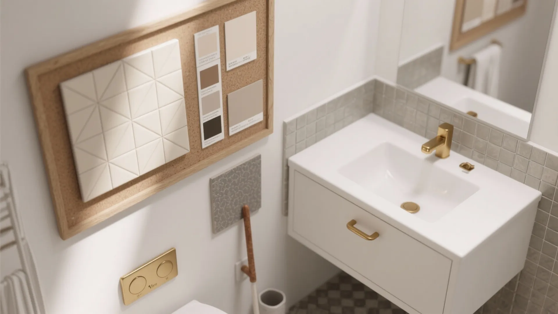 Interior design mood board with color samples next to white bathroom sink and gold tap