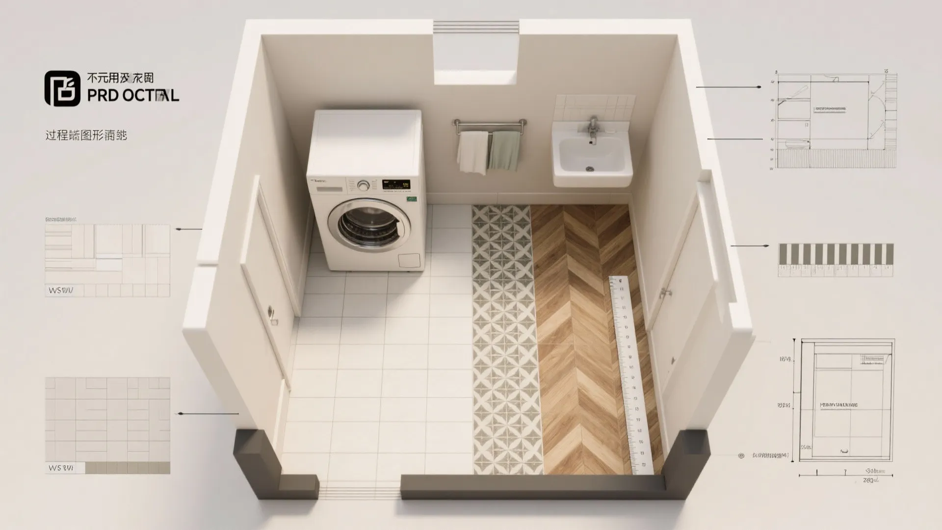 Interior design drawing of top down laundry room layout with white washing machine and floor