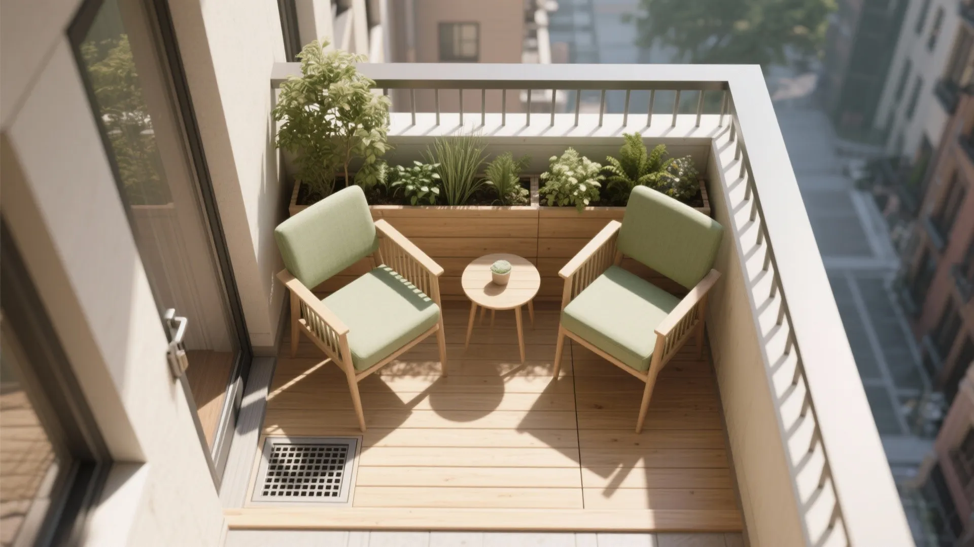 Small balcony interior design showing two green chairs wooden table plant box and floor drain