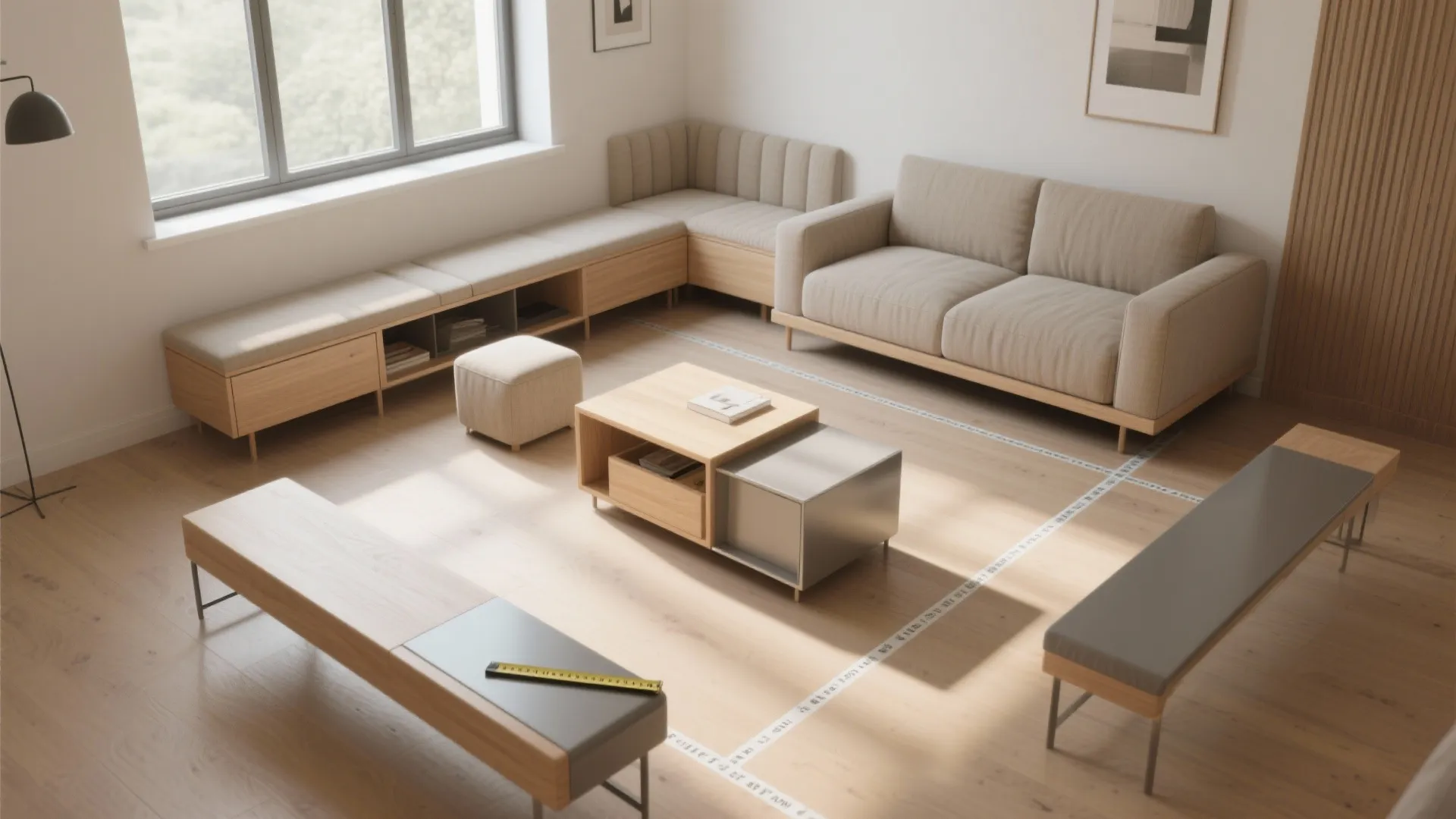 Top view of a room layout with sofa benches coffee table and measuring tape markings
