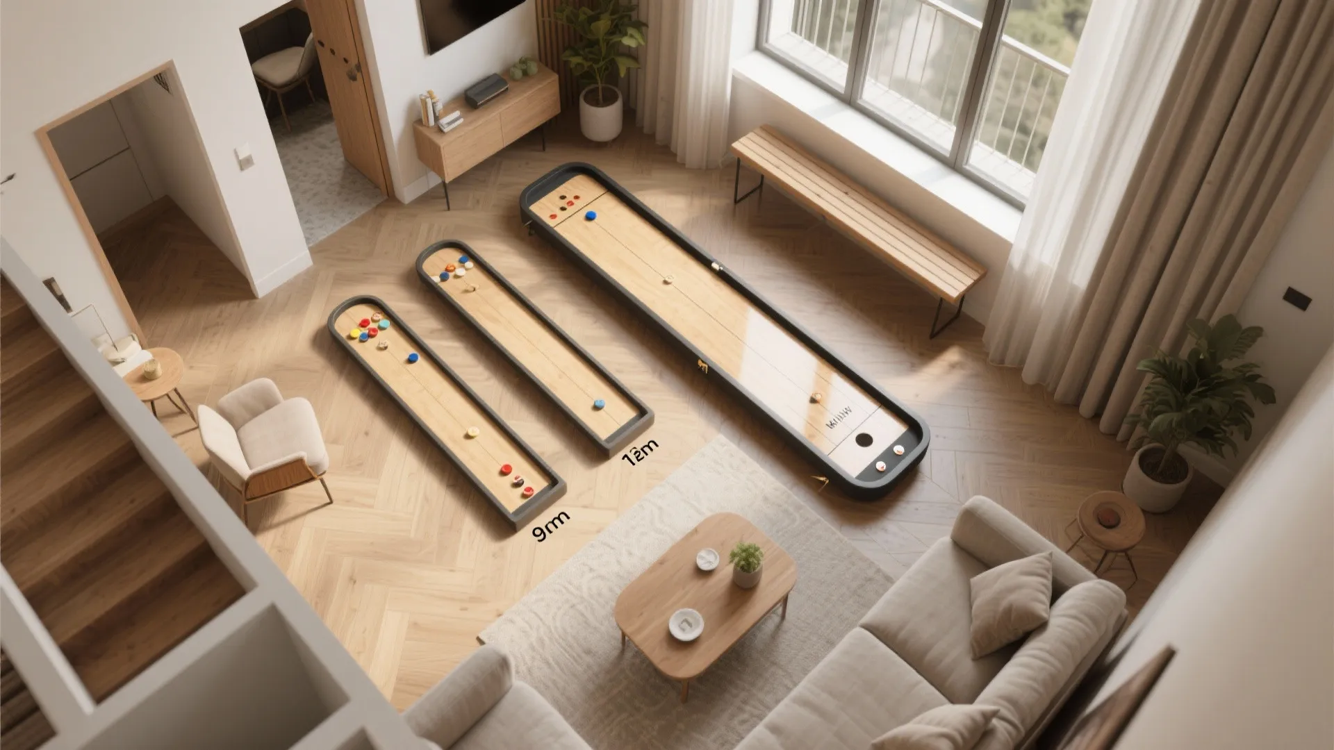 Top-down apartment layout showing how different mini shuffleboard lengths fit into small spaces without labels.