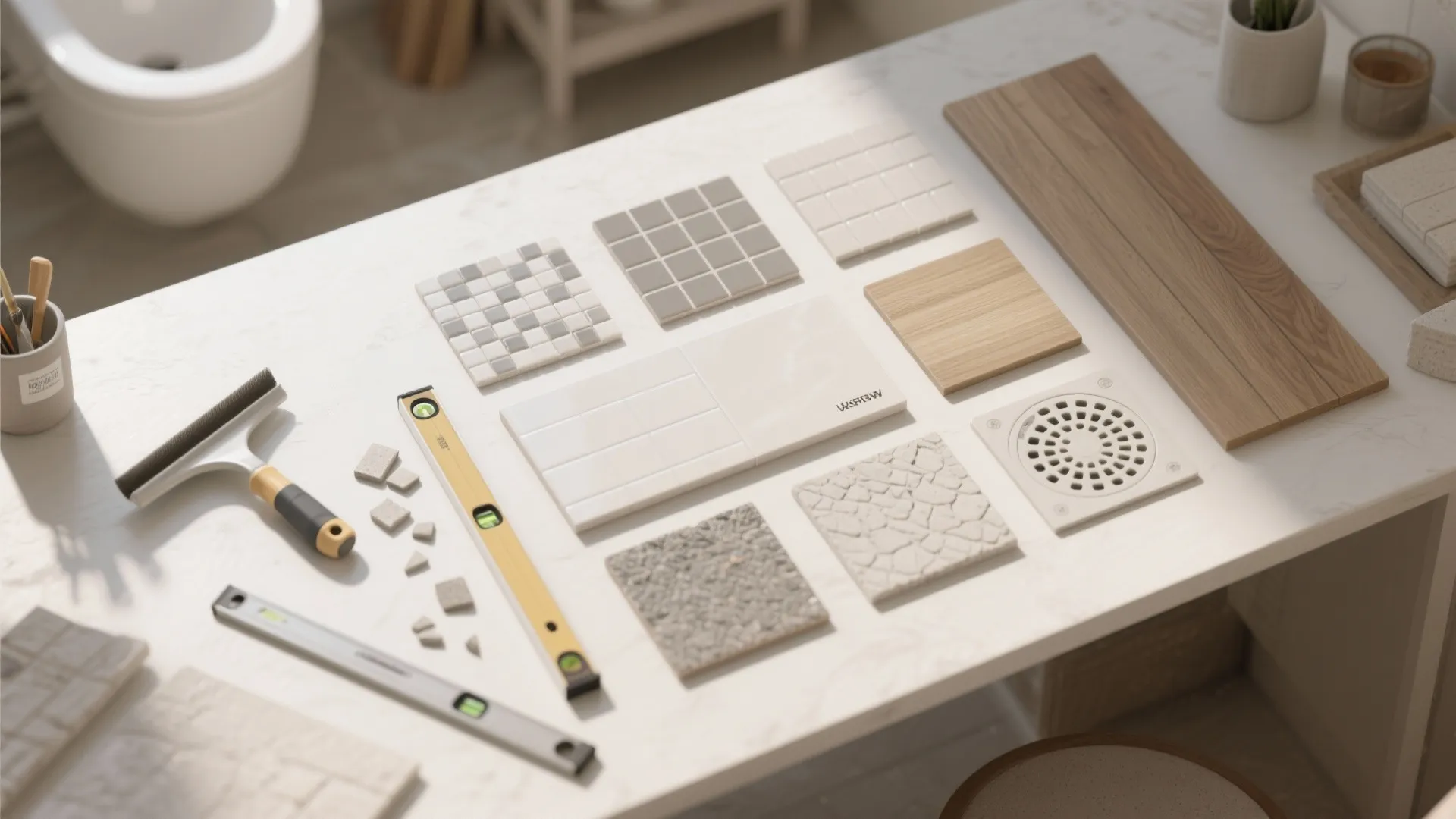 Top view of various bathroom floor tiles and renovation tools on a white marble table