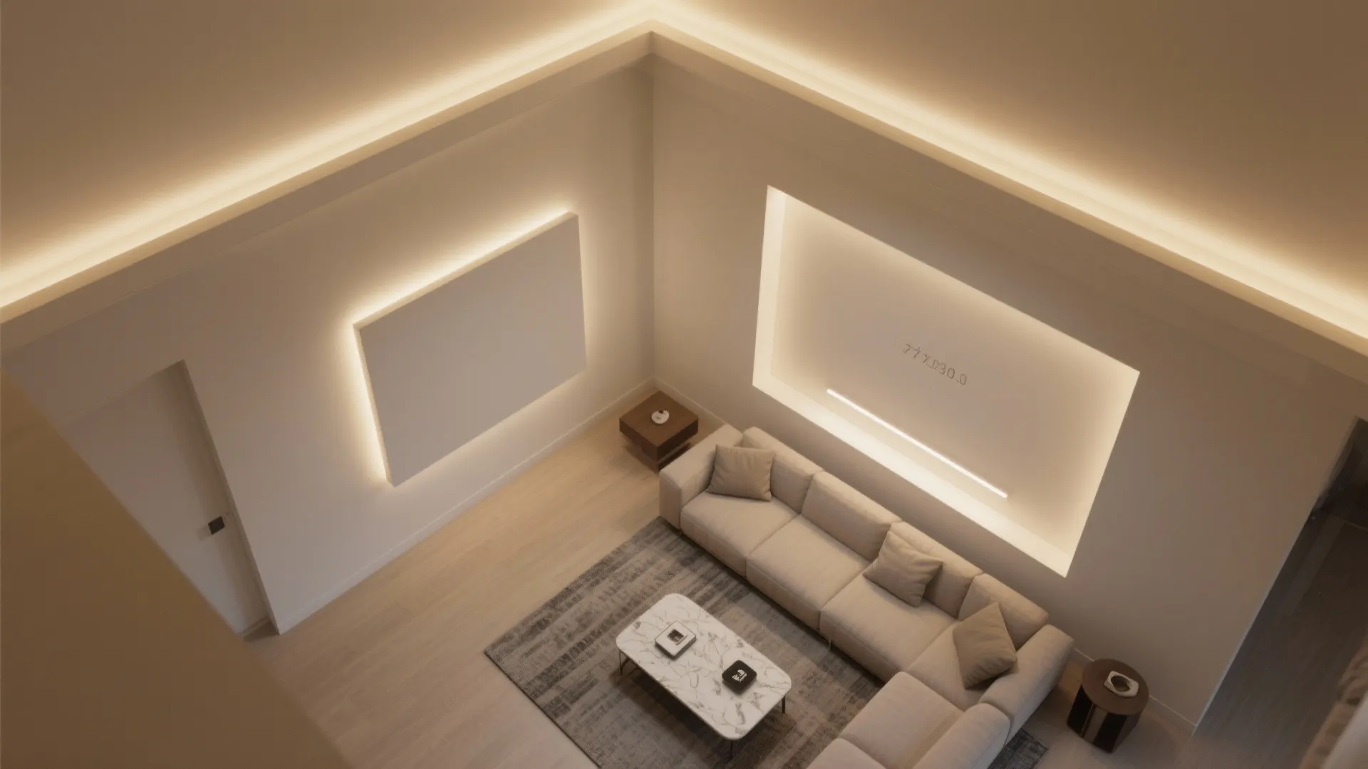 Top view of modern living room with beige sofa marble coffee table and hidden ceiling lights