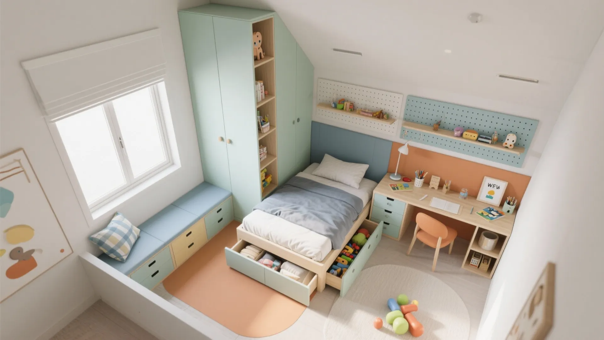 Top view of a small colorful kids bedroom with bed desk cabinet and wood floor
